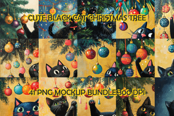 Download Cute Black Cat Christmas Tree Background Bundle - Premium Resources