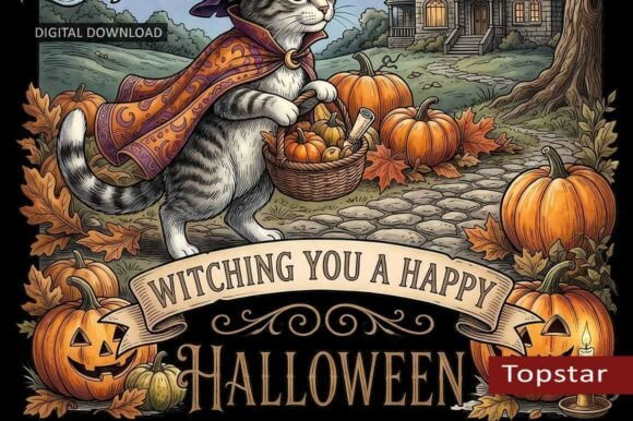 Download Halloween Decor Art Witchy Cat Scene - Halloween decor Collection