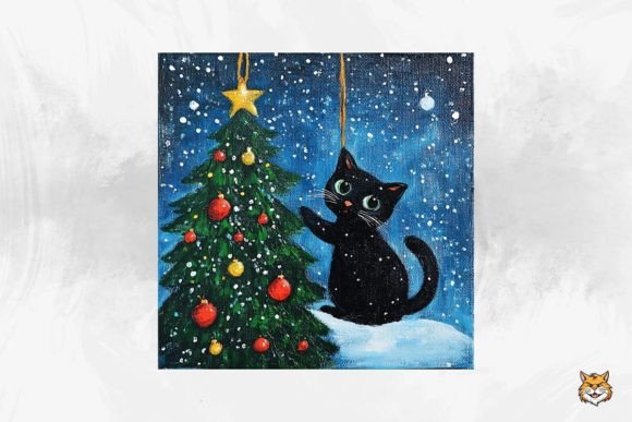 Download Cute Black Cat Christmas Tree Background - Premium Bundle